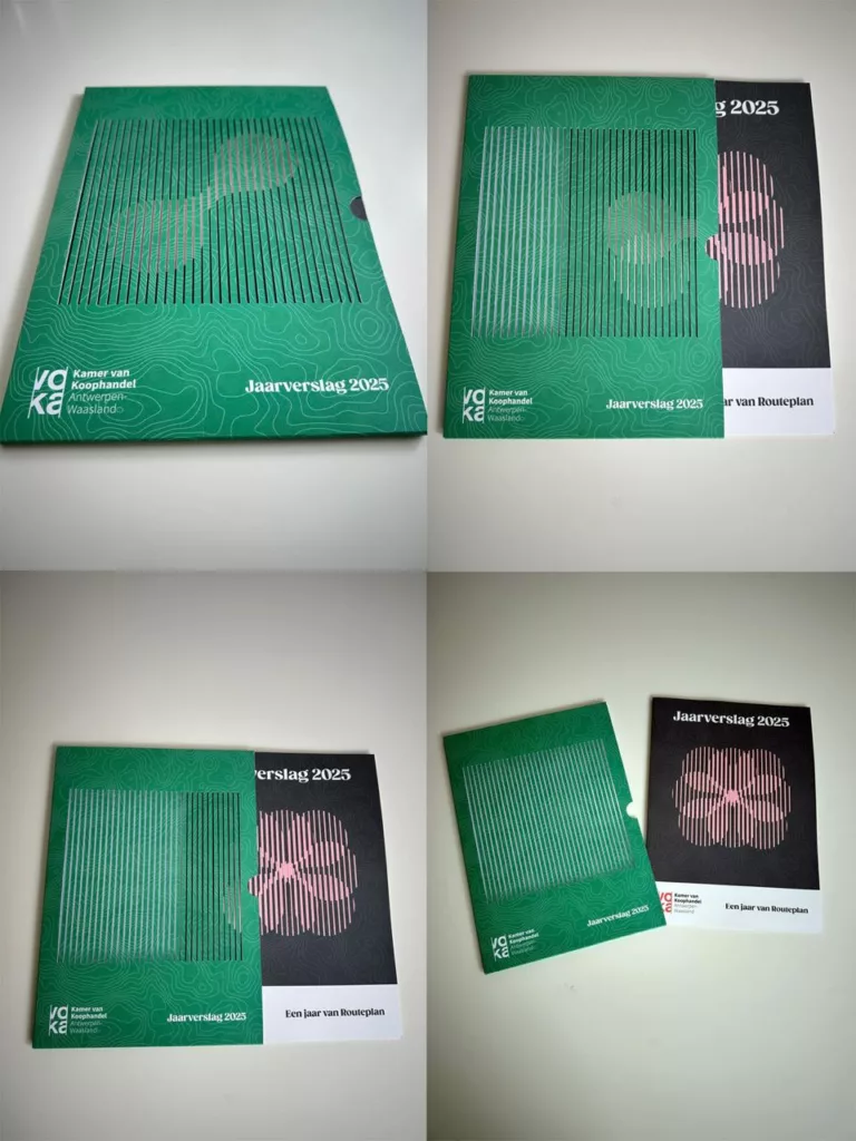 Jaarverslag ontwerp voor Voka Kamer van Koophandel Antwerpen-Waasland met groene cover en grafische schuifhoes.